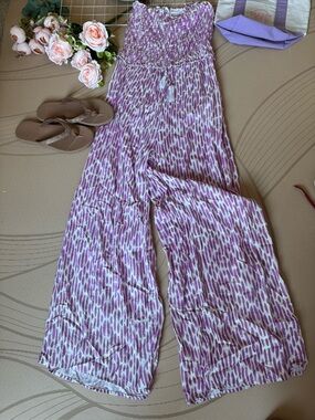 Women's Strapless Wide-Leg Jumpsuit - Lavender Print